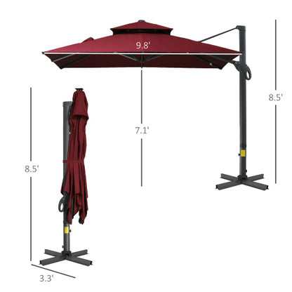 Outsunny 10ft Offset Patio Umbrella, Hanging Cantilever Umbrella, Square Shape, Aluminum Cross Base, Tilt, 360-Degree Rotation, Red