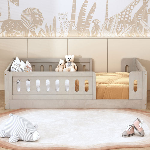 Wood Twin Size Platform Bed with Guardrail, Natural