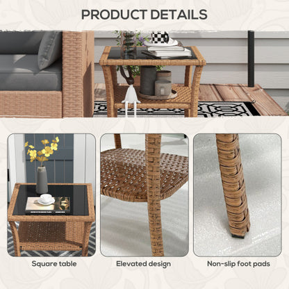 Outsunny Rattan Side Table Outdoor End Table with Storage Shelf Aluminum Frame Tempered Glass Top