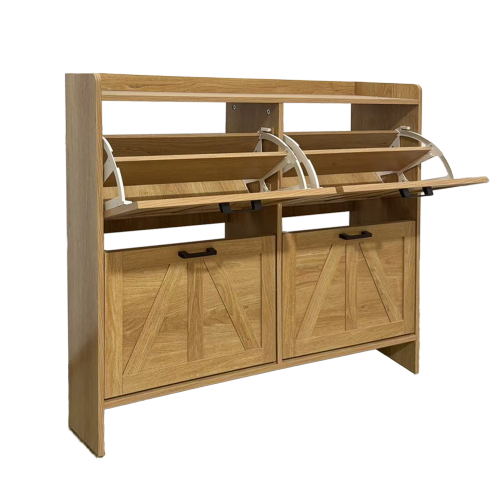 Light Oak Rustic Barn-Door Shoe Cabinet with 4 Flip Drawers, Sleek Space-Saving Entryway Organizer for Living Room