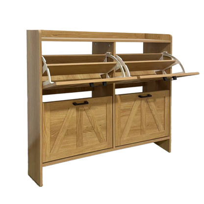 Light Oak Rustic Barn-Door Shoe Cabinet with 4 Flip Drawers, Sleek Space-Saving Entryway Organizer for Living Room