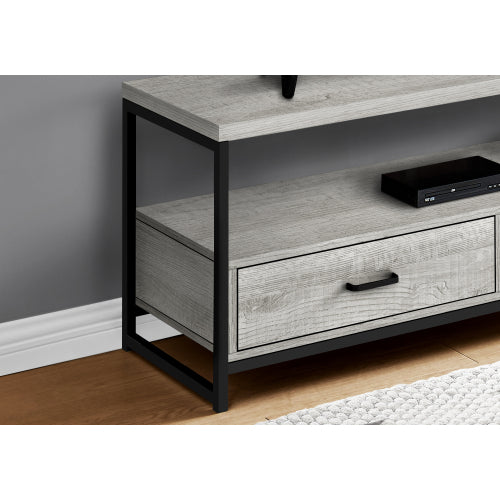 48 Inch Grey Wood Grain TV Stand with Black Metal Frame Dual Open Layers & 2 Drawers