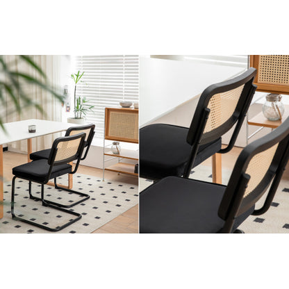 Set of 2 Black Velvet Rattan Cantilever Dining Chairs, Chrome Tubular Steel Breuer Stackable Side Chairs