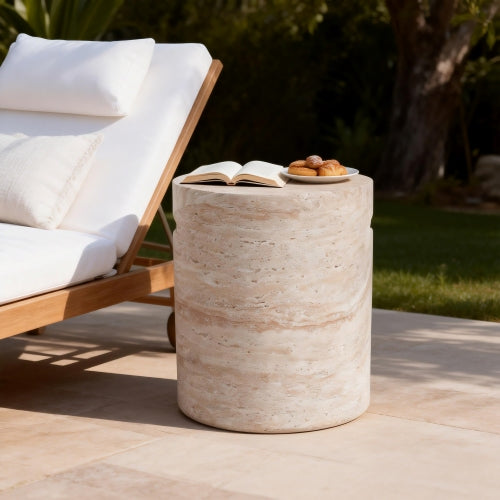 Outdoor/Indoor Lightweight Concrete Side Table With Side Handles,Travertine Finish
