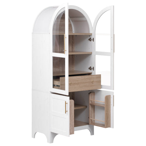 71inch  Arched Kitchen Pantry Cabinet with Glass Doors White