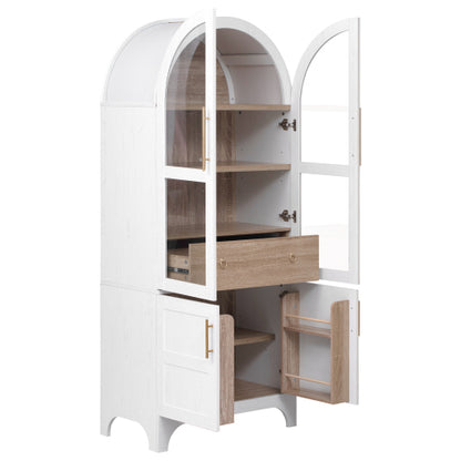 71inch  Arched Kitchen Pantry Cabinet with Glass Doors White