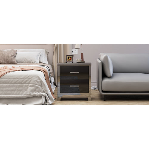 High Gloss Mirrored Nightstand with 2 Drawers,Modern End Table with Drawers,Mirrored High Gloss Wood Nightstand Metal Handle Bedside End Table for Bedroom, Dorm,Living Room,Black