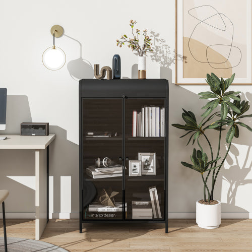 47.6 Inch Tall Metal Storage Cabinet With Glass Doors Flip Top 4-Tier Freestanding Sideboard For Multi Room Use