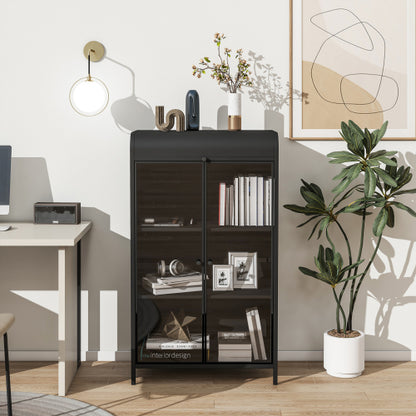 47.6 Inch Tall Metal Storage Cabinet With Glass Doors Flip Top 4-Tier Freestanding Sideboard For Multi Room Use
