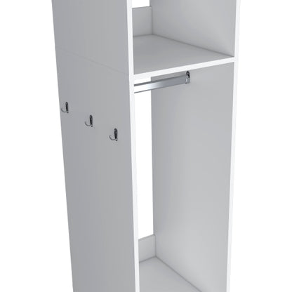 Armoire 63"H, with 3 Shelves, 1 Mirror, and 4 Wheels, White