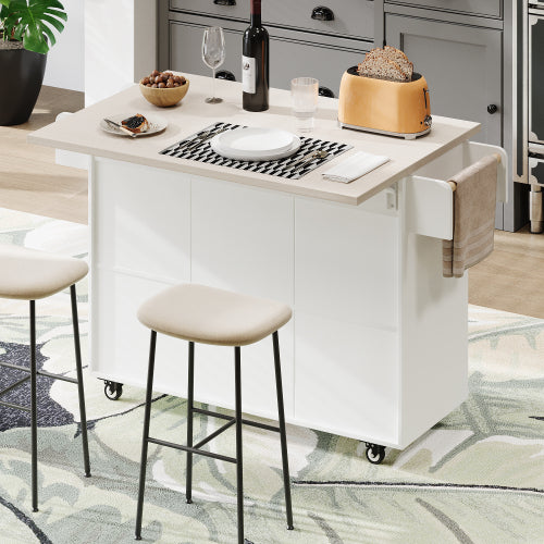 Kitchen Island Cart with Trash Storage Drop Leaf and Adjustable Shelves White