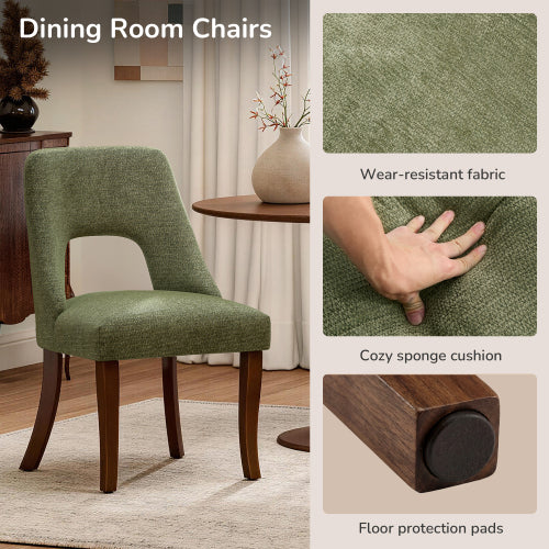 Set of 2 Green Tufted Chenille Dining Chairs, Curved Rubberwood Legs 300lbs Capacity Space Saving Design