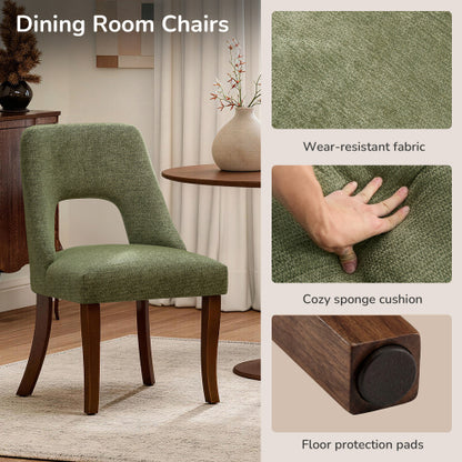 Set of 2 Green Tufted Chenille Dining Chairs, Curved Rubberwood Legs 300lbs Capacity Space Saving Design