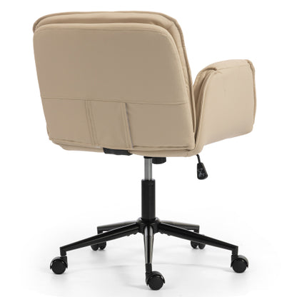 Criss Cross Chair with 5-Gear Adjustable Armrests & Wheels, Ergonomic Thickened Backrest Swivel Desk Chair for Home Office, Vanity, Bedroom and Living Room, Beige Pu
