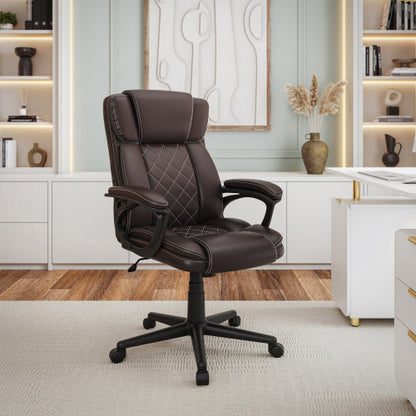 Ergonomic Executive Office Chair High Back Brown Faux Leather ¨C Adjustable Height, Lumbar Support, Diamond-Stitched Padding, Swivel Desk Chair w/Armrests & Tilt Recline for Home Office