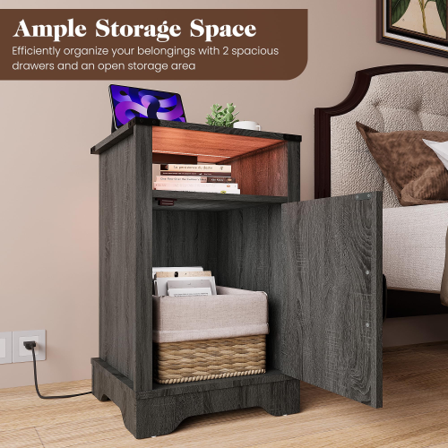 LED Nightstand Set of 2 with Charging Station, Farmhouse End Table with Storage
