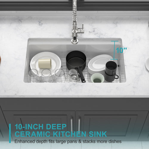 Undermount White Kitchen Sink Workstation - 33x19x10 inch White Porcelain Ceramic Single Bowl Dual Mount Kitchen Sink