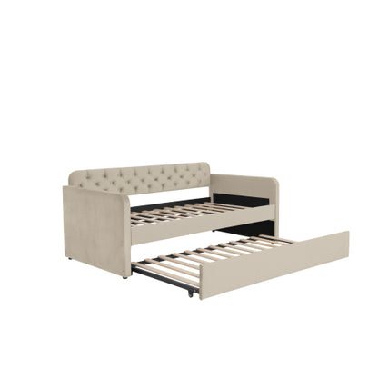 Twin Size Upholstered Daybed with Trundle and USB Charging Design, Velvet Upholstered Daybed Frame, Twin Sofa Bed for Living Room Bedroom, No Box Spring Needed,Plush velvet fabric LIGHT BEIGE 2#