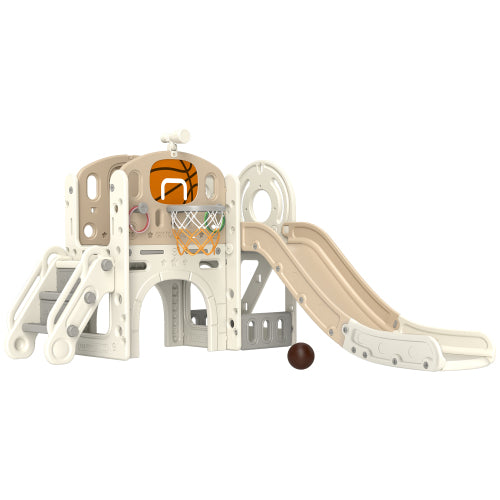 Qaba 7 in 1 Toddler Slide Playset Indoor Playground with Basketball Hoop Crawl Tunnel Cream White