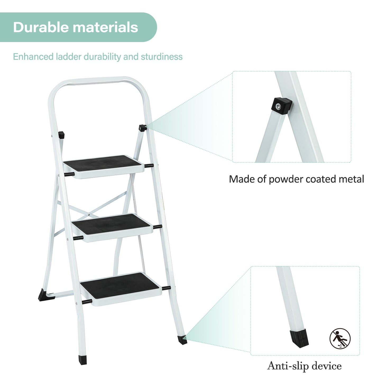 3-Step Iron Folding Step Stool Ladder 330 lbs. Load Capacity Type IA Duty Rating (5.51 ft. Reach Height), White