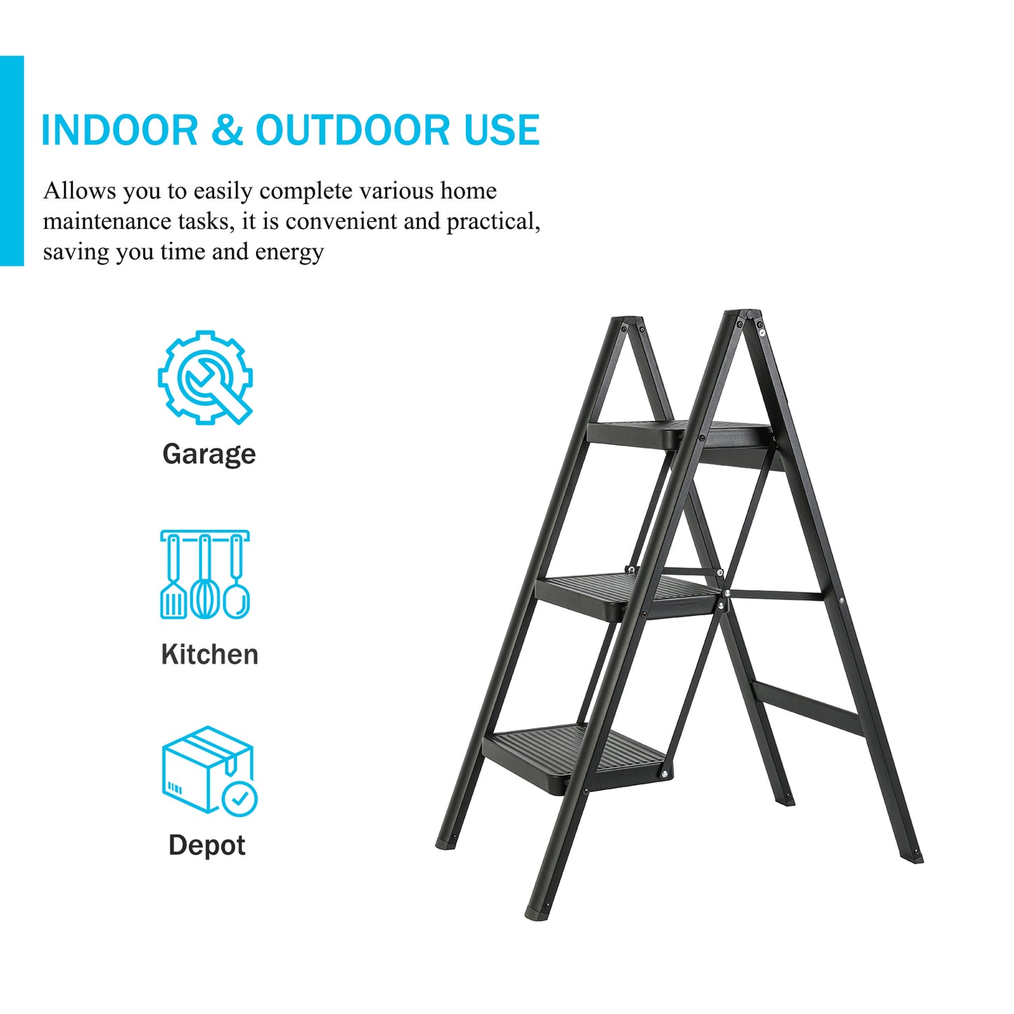 Foldable 3-step Iron Ladder, Load-Bearing Capacity 330 lbs., with Non-Slip and Widened Steps