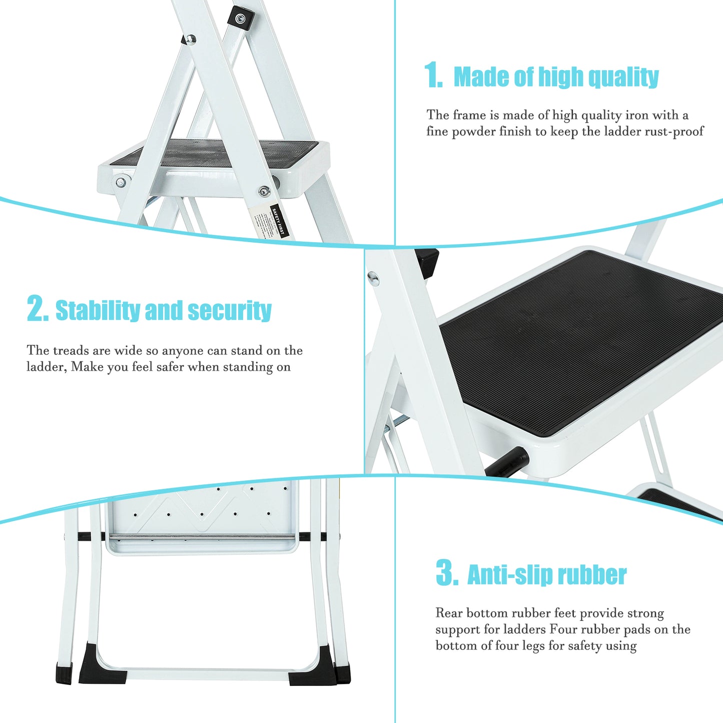 2-Step White Iron Ladder Foldable Non-slip Outdoor Ladder Loading 330 lbs. for Home, Kitchen, Office