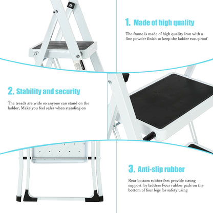 2-Step White Iron Ladder Foldable Non-slip Outdoor Ladder Loading 330 lbs. for Home, Kitchen, Office