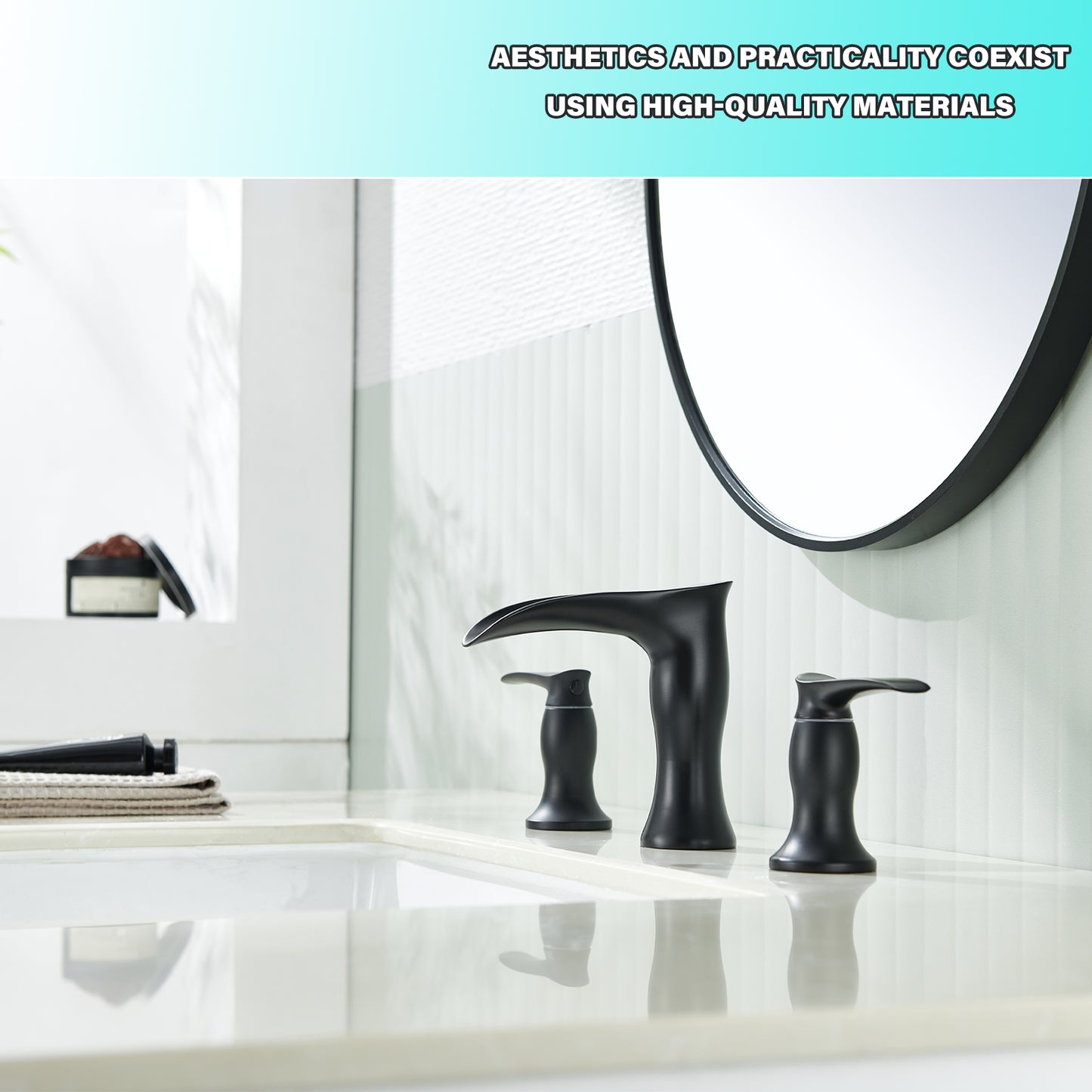 8 in. Widespread Waterfall 2-Handles 3-Holes Bathroom Faucet Lavatory Vanity Sink Faucet in Matte Black