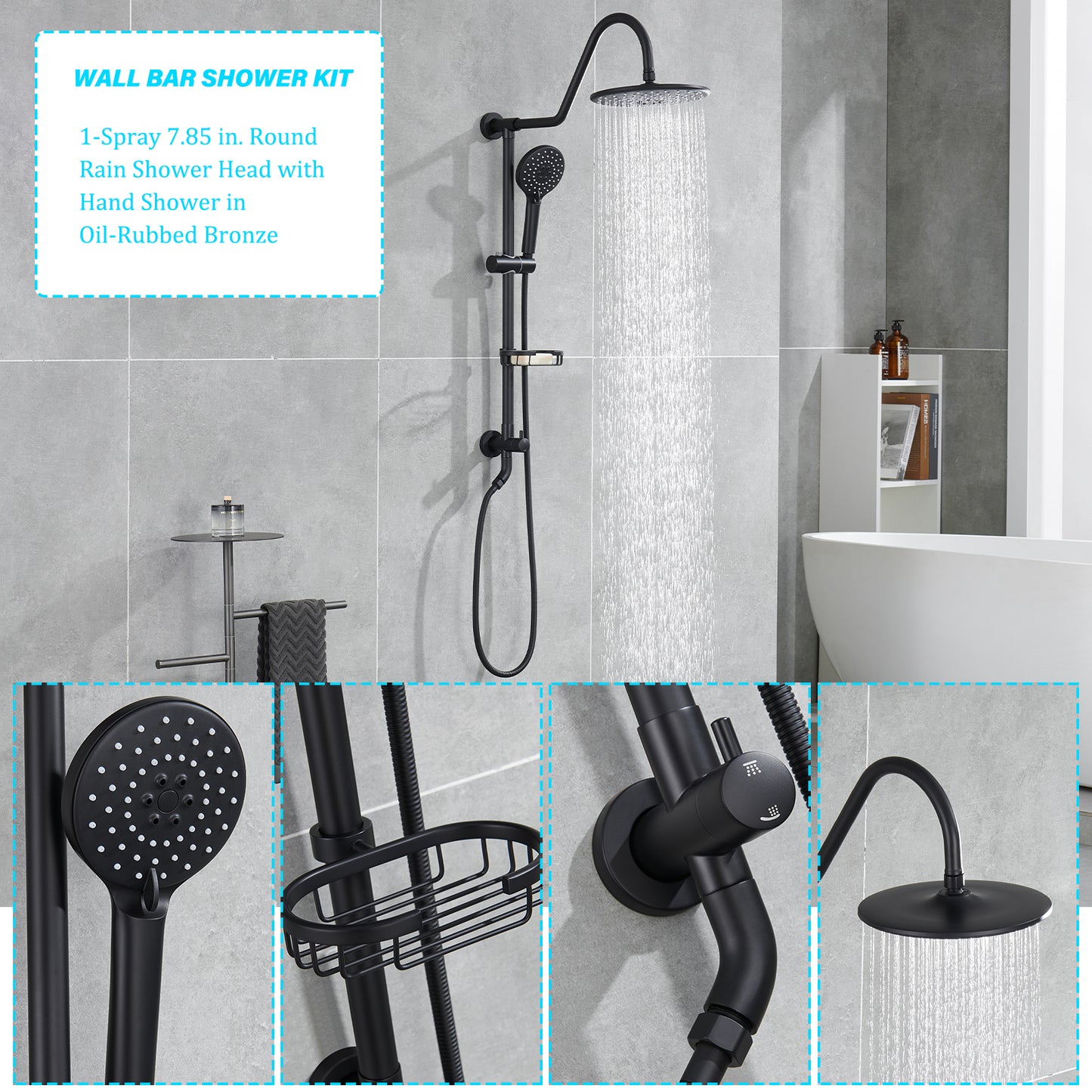 Wall Bar Shower Kit 1-Spray 7.85 in. Round Rain Shower Head with Hand Shower in Oil-Rubbed Bronze
