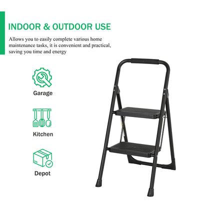2-Step Black Iron Ladder Foldable Non-slip Outdoor Ladder Loading 330 lbs. for Home, Kitchen, Office