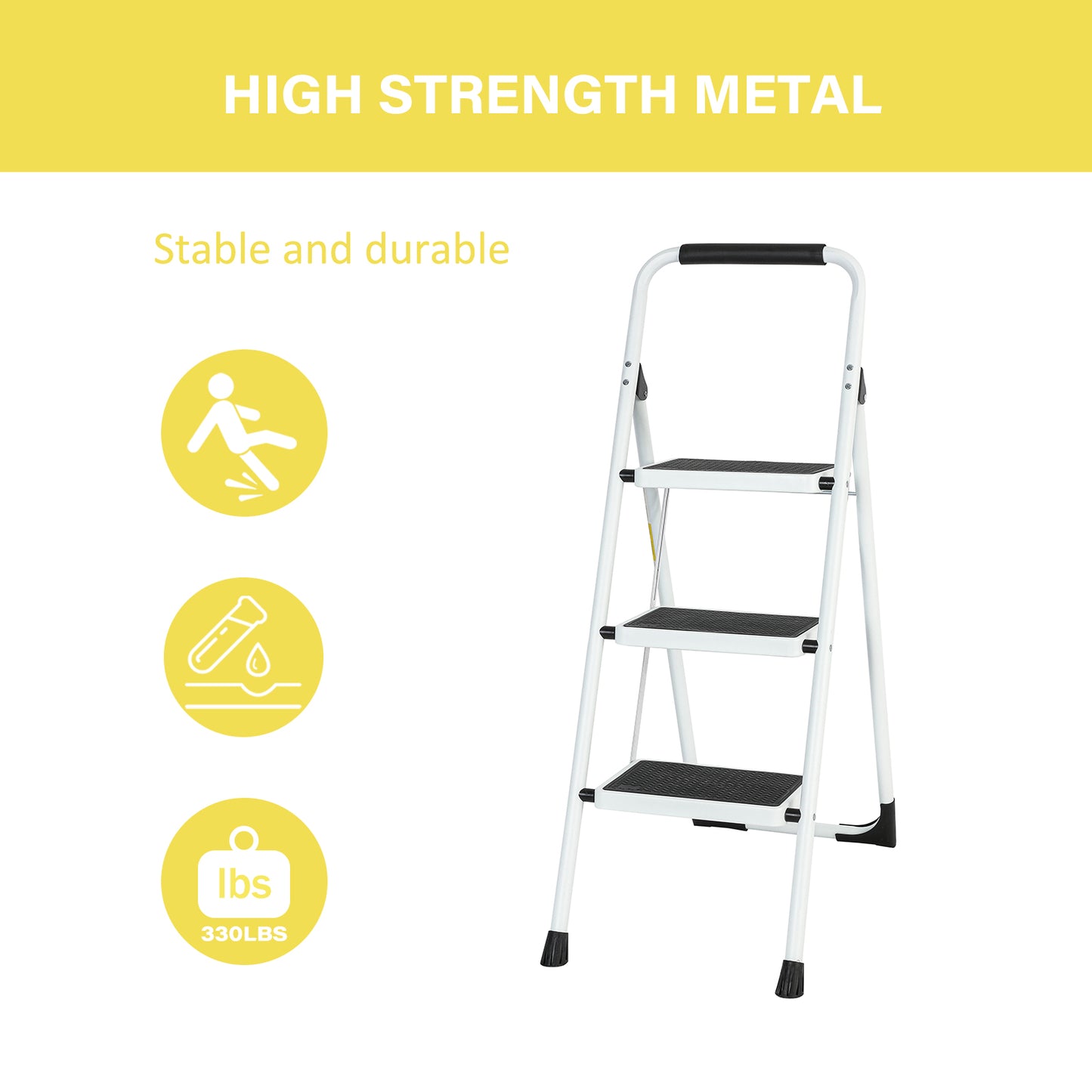 3-Step white Iron Ladder Foldable Non-slip Outdoor Ladder Loading 330 lbs. for Home, Kitchen, Office