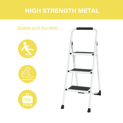 3-Step white Iron Ladder Foldable Non-slip Outdoor Ladder Loading 330 lbs. for Home, Kitchen, Office