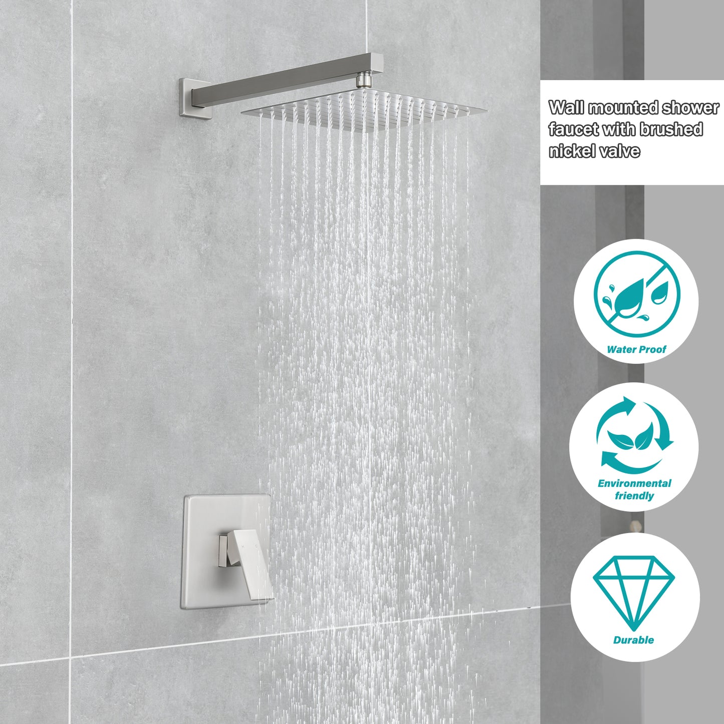 Single Handle 1-Spray Shower Faucet 2.5 GPM with Wall Mounted 10 in. Rain Shower Head Faucet in Brushed Nickel