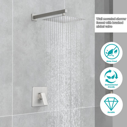 Single Handle 1-Spray Shower Faucet 2.5 GPM with Wall Mounted 10 in. Rain Shower Head Faucet in Brushed Nickel