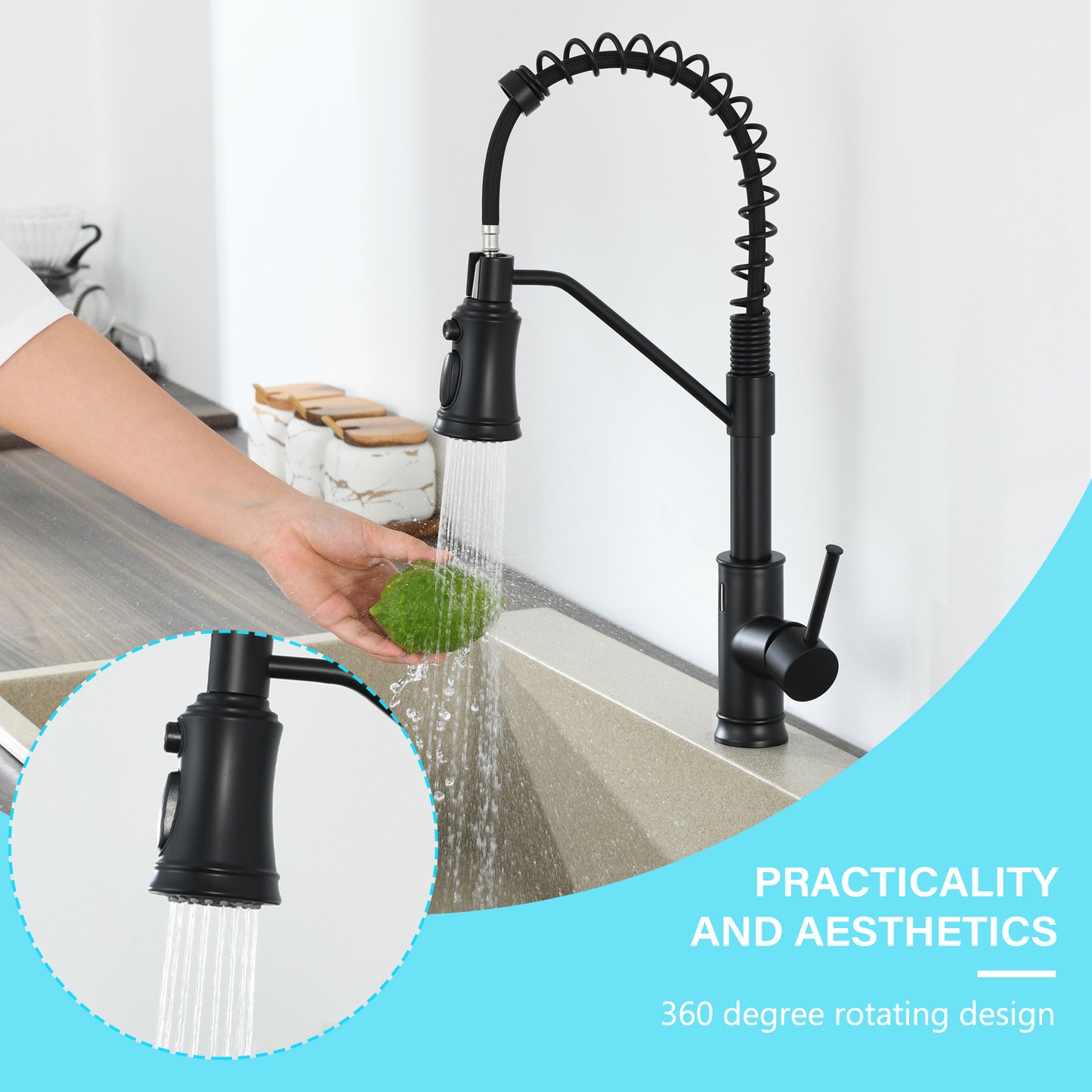 Single Handle Pull Out Sprayer Kitchen Faucet in Black