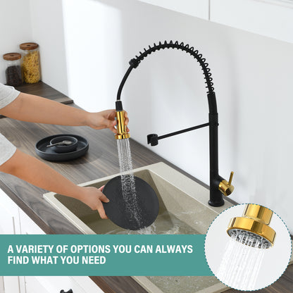 Single Handle Pull Down Sprayer Kitchen Faucet in Matte Black Gold
