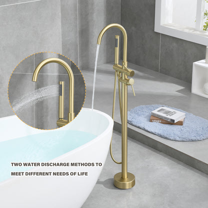 Single-Handle Free Standing Claw Foot Freestanding Tub Faucet with Handheld Shower in Brushed Gold
