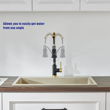 Single Handle Pull Out Sprayer Kitchen Faucet in Matte Black and Gold