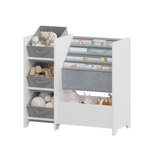 White 4-Tier Kids Bookshelf With 3 Collapsible Fabric Drawers Multi-Functional Toy Book Storage Organizer