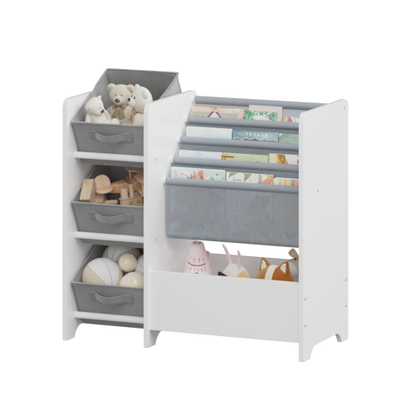 White 4-Tier Kids Bookshelf With 3 Collapsible Fabric Drawers Multi-Functional Toy Book Storage Organizer