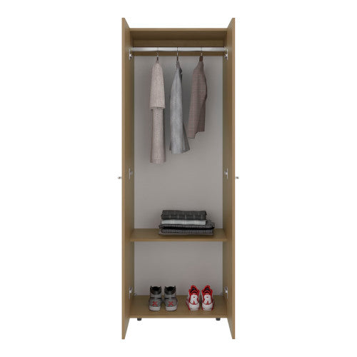 Home 2 Doors Closet System Armoire, Hanging Rod and Storage Shelf, Modern Armoire for Bedroom Organization Storage, Natural Oak