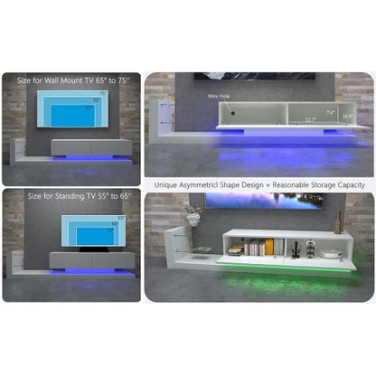 70 Inch White Modern LED TV Stand with Power Outlet Tempered Glass Entertainment Center for 75 Inch TV