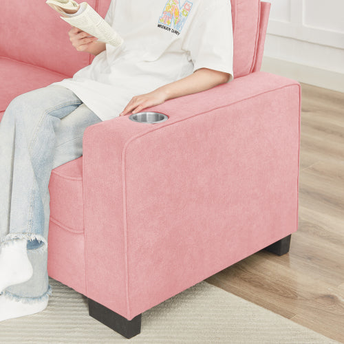 Pink 83.86-Inch Modern Compressed 3-Seater Snow-Fleece Sofa with Dual-Side Cup Holders