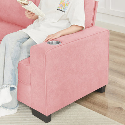 Pink 83.86-Inch Modern Compressed 3-Seater Snow-Fleece Sofa with Dual-Side Cup Holders