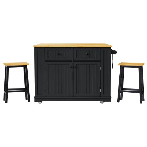 48inch Kitchen Island with 2 Bar Stools, Power Outlet, Internal Storage Rack, Kitchen Storage Cart on 5 Wheels with Drop Leaf, 5 Open Side Racks, Drawers, Black (Old SKU N707S000015B)(Three Packages)