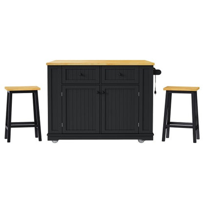 48inch Kitchen Island with 2 Bar Stools, Power Outlet, Internal Storage Rack, Kitchen Storage Cart on 5 Wheels with Drop Leaf, 5 Open Side Racks, Drawers, Black (Old SKU N707S000015B)(Three Packages)