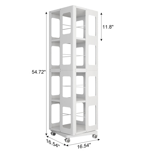4-Tier Steel Rotating Bookshelf with Wheels White