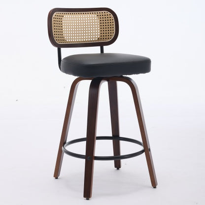 Set of 2 Counter Height Bar Stools - 26 inch Rattan Counter Height Stools with Cane Back, Upholstered Seat, Walnut Craftsmanship, Swivel Counter Stools for Island/Kitchen/Counter/Bar (Walnut Black)