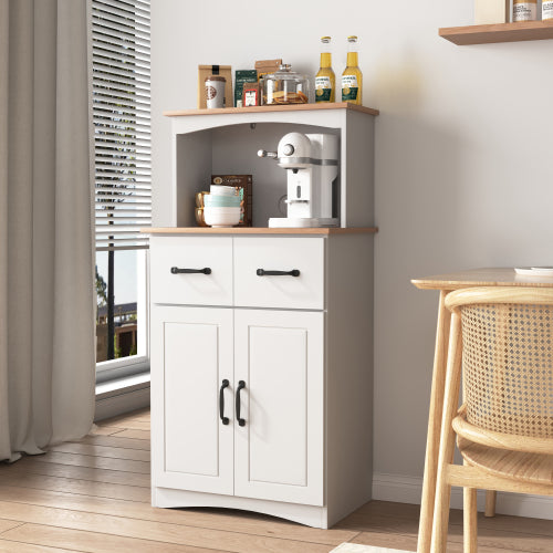 White Kitchen Pantry Cabinet with Microwave Shelf Drawer and Adjustable Storage