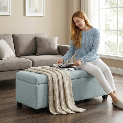 49.75 inch Baby Blue Polyester Tufted Storage Ottoman Bench, 300 LBS Wooden Leg Footrest with Safety Hinge